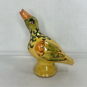Handcrafted Pottery Pie Funnel Bird Yellow and Green French Dip Glaze-Decor 7”